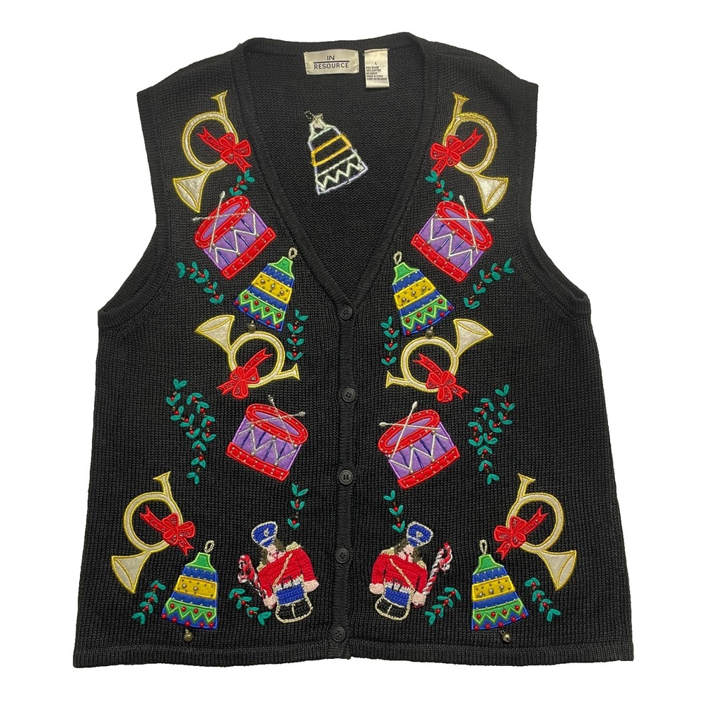 Music Band Knit Sweater Vest Black Large Women's Drum Bell Drummer Horn